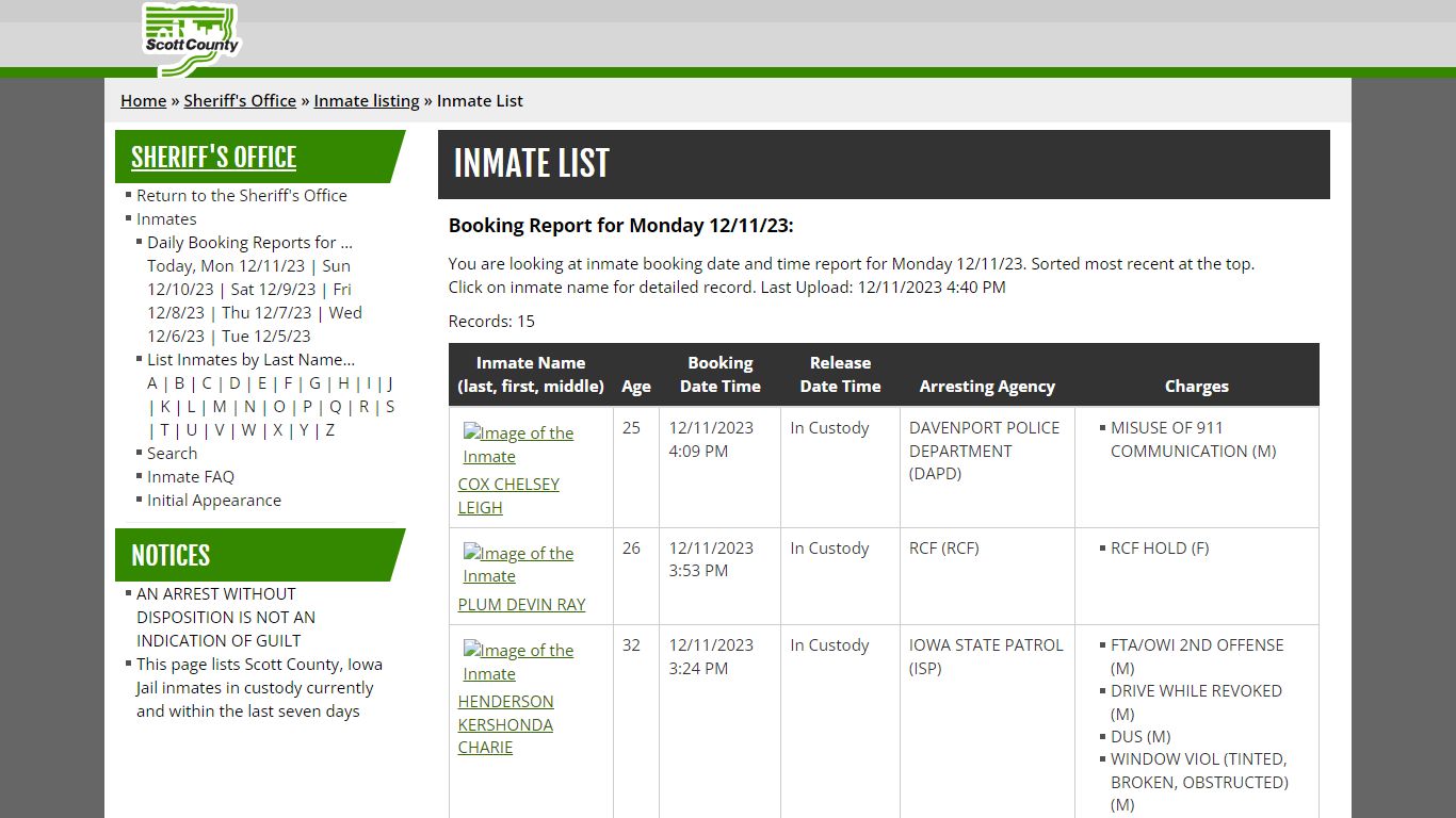Inmate List - Scott County, Iowa
